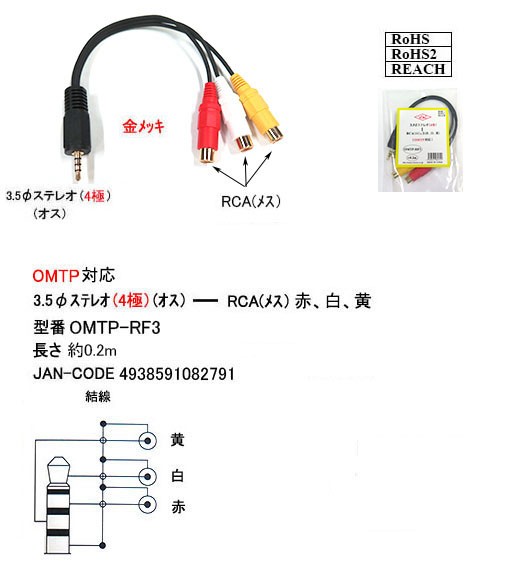 カモン Omtp Rf3 F3 5 4極ステレオ オス Rca 赤白黄メス 3分配ケーブル 0 2m Omtp対応バージョン カモン Omtp Rf3 F3 5 4極ステレオ オス Rca 赤白黄メス 3分配ケーブル 0 2m Omtp対応バージョン