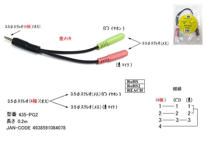 カモン 435-PG2 【取寄せ品】3.5mm(オス)-3.5mm音声+マイク(メス)ケーブル